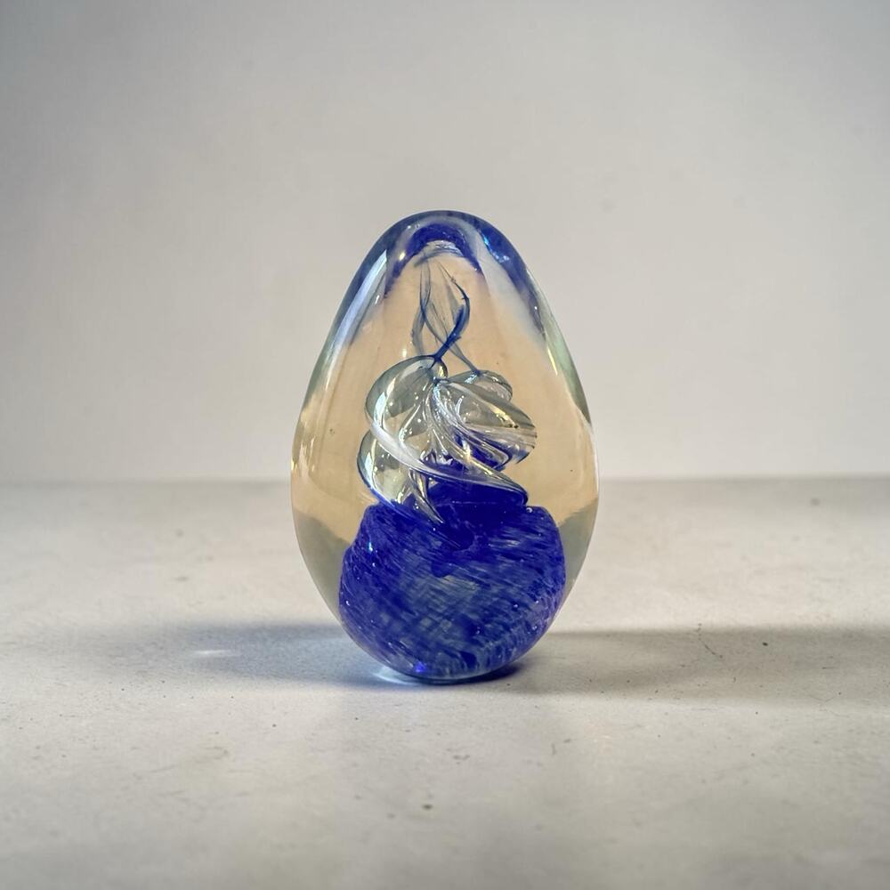 Vintage Blue Swirl Art Glass Egg Paperweight - Murano Style